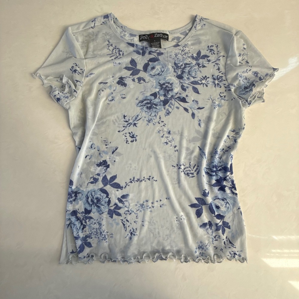 Polly & Esther Sheer‎ Mesh Top White and Blue Floral Size L Y2K Feminine Fairy